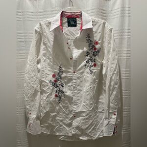 Jimi Hendrix Purple Haze Productions white floral embroidered button down shirt